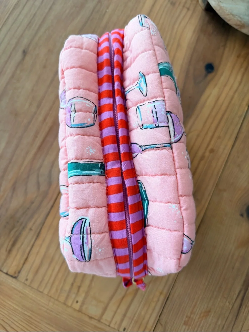 Quilted Pink Champagne Print Cosmetic Pouch